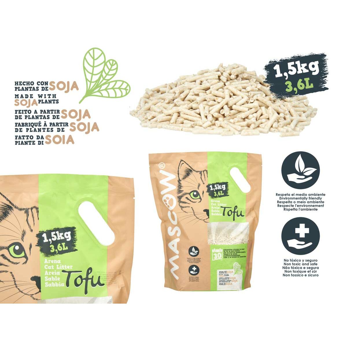 Sable pour chats Mascow Blanc 1,5 Kg Soja (8 Unités)